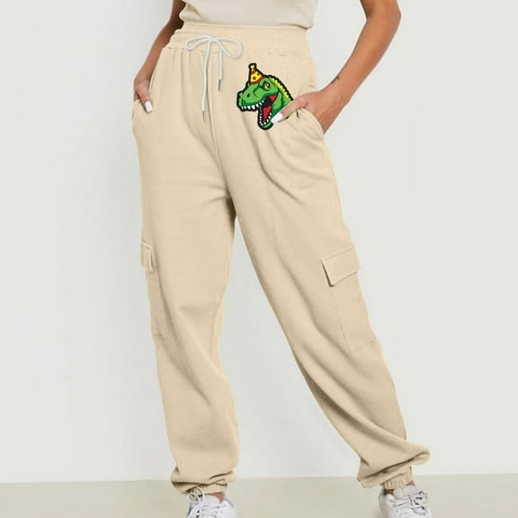 Jjayotai Womens Drawstring Pants, Cute Dinosaur Graphic Sweatpants Running Workout Joggers Fashion Casual Pants with Pockets Beige M