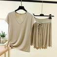 thumbnail image 2 of TEAJOPSUU Women's Pajama Set V-Neck Short Sleeve Sleepwear Top with Ruffle Hem Drawstring Waist Shorts Soft Lounge Set A-Beige, 2 of 5