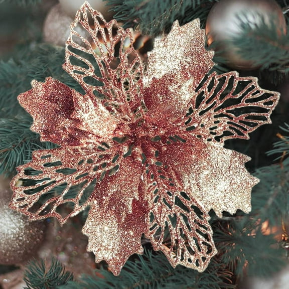 12Pcs/24Pcs 6inch Artificial Christmas Flowers Glitter Fake Poinsettia Flowers Christmas Tree New Year Ornaments Flower Decorations DIY Wreath Accessories Wedding Xmas Garland Decor