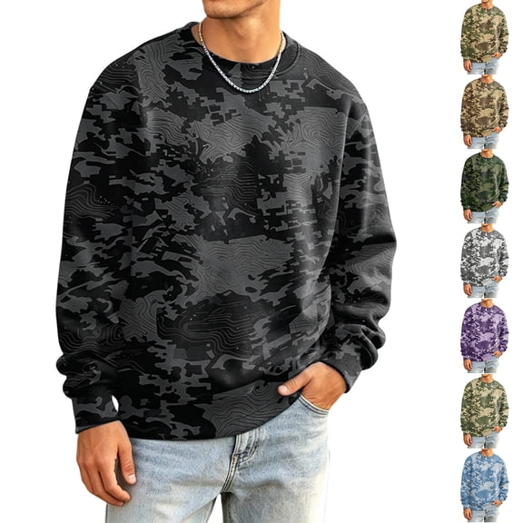 Men's Loose Fit Camo Print Pullover, Crew Neck Long Sleeve, Travel Casual Sweatshirt For Male