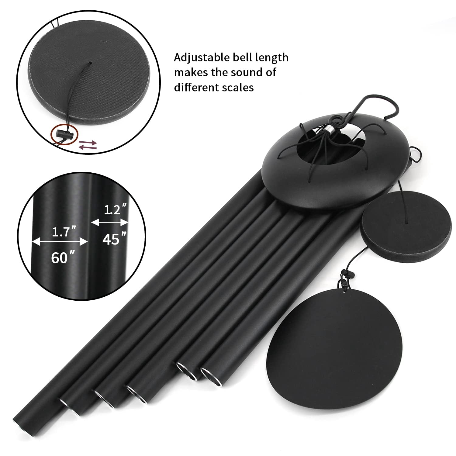 60" Extra Large Wind Chimes Outside Metal Windchimes With Deep Tone  Outdoor Bass For Patio Balcony Garden Yard Decoration Black