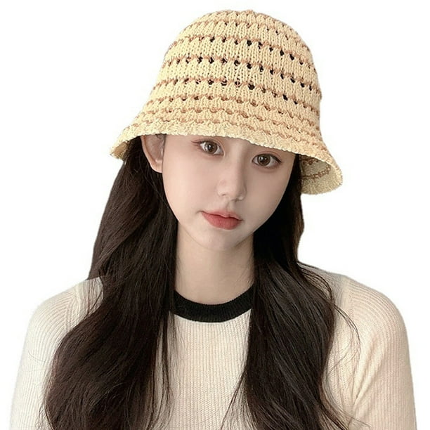 Sombrero de pescador de verano con circunferencia de 56-58 cm, sombrero de pescador con rayas en contraste para mujer, sombrero de lavabo hueco y transpirable con sombrilla