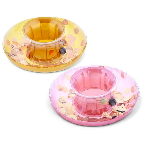 CoTa Global Inflatable Pool Float Ring Tube Drink Holder (2pc Set) Sparkling Confetti Heavy Duty Vinyl Flotation for The Beach, Party, Vacation, Pool- UV Resistant - Pool Party (Rose Gold & Gold)