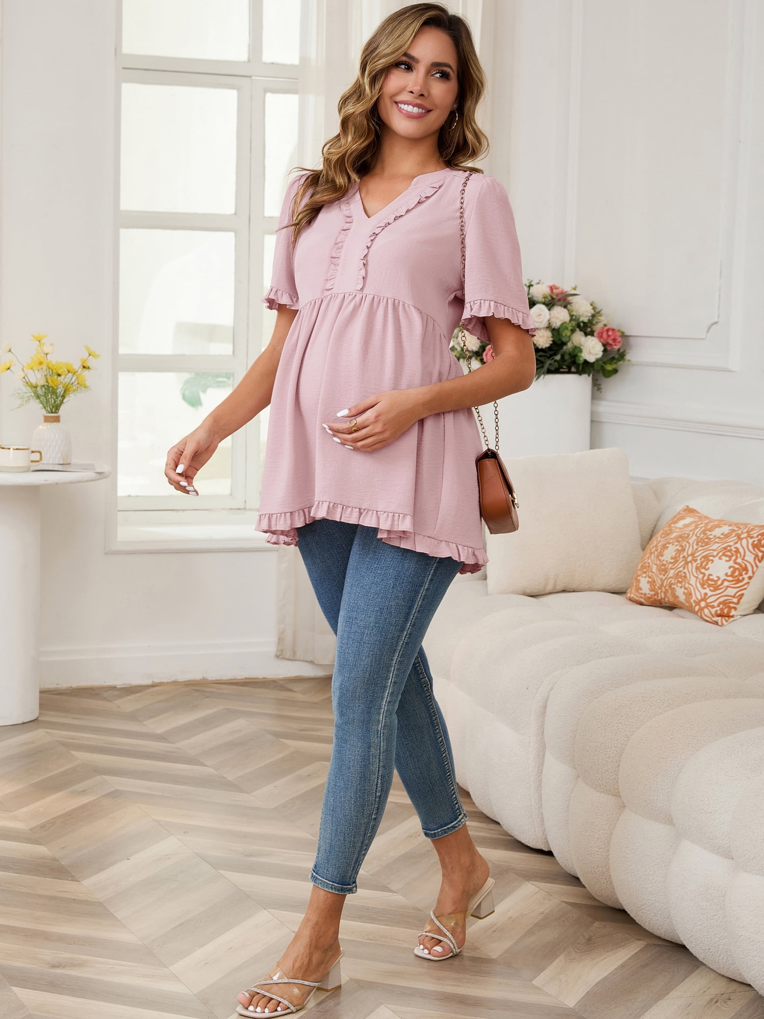 DARING DIVA Women's Boho Ruffled V Neck Short Sleeve Maternity Tops XXL Dusty Pink