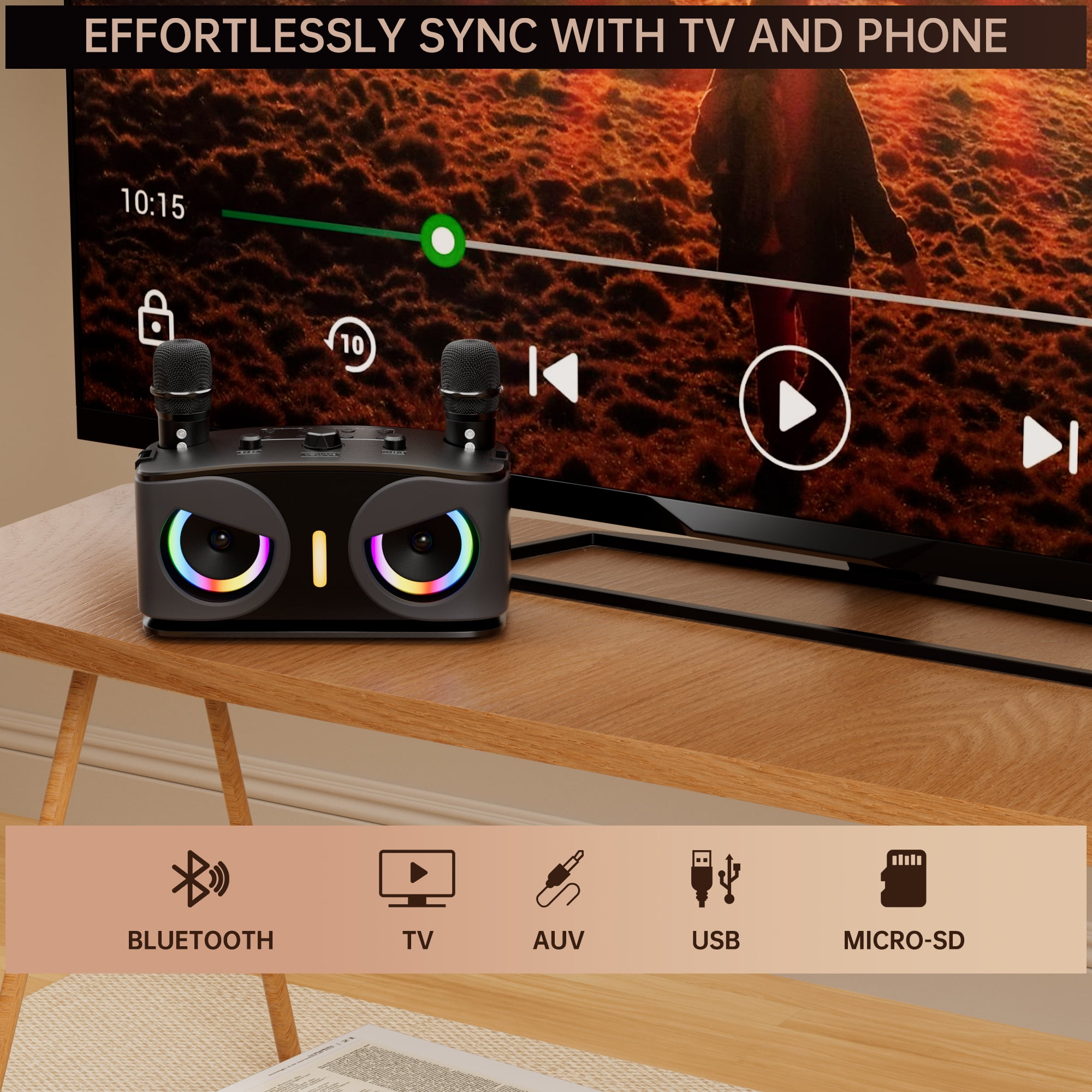 VIPQV Karaoke Machine, Portable Bluetooth Speaker with 2 Wireless Microphones for Adults & Kids, Karaoke Microphone with Voice Change Function, Supports TF/AUX/USB for Home Party