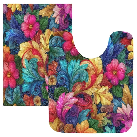2 Piece Soft Bathroom Rug Set Colorful Swirls and Flowers Bath Mat and U-Shaped Toilet Contour Rug (16"x24" 20"x24")