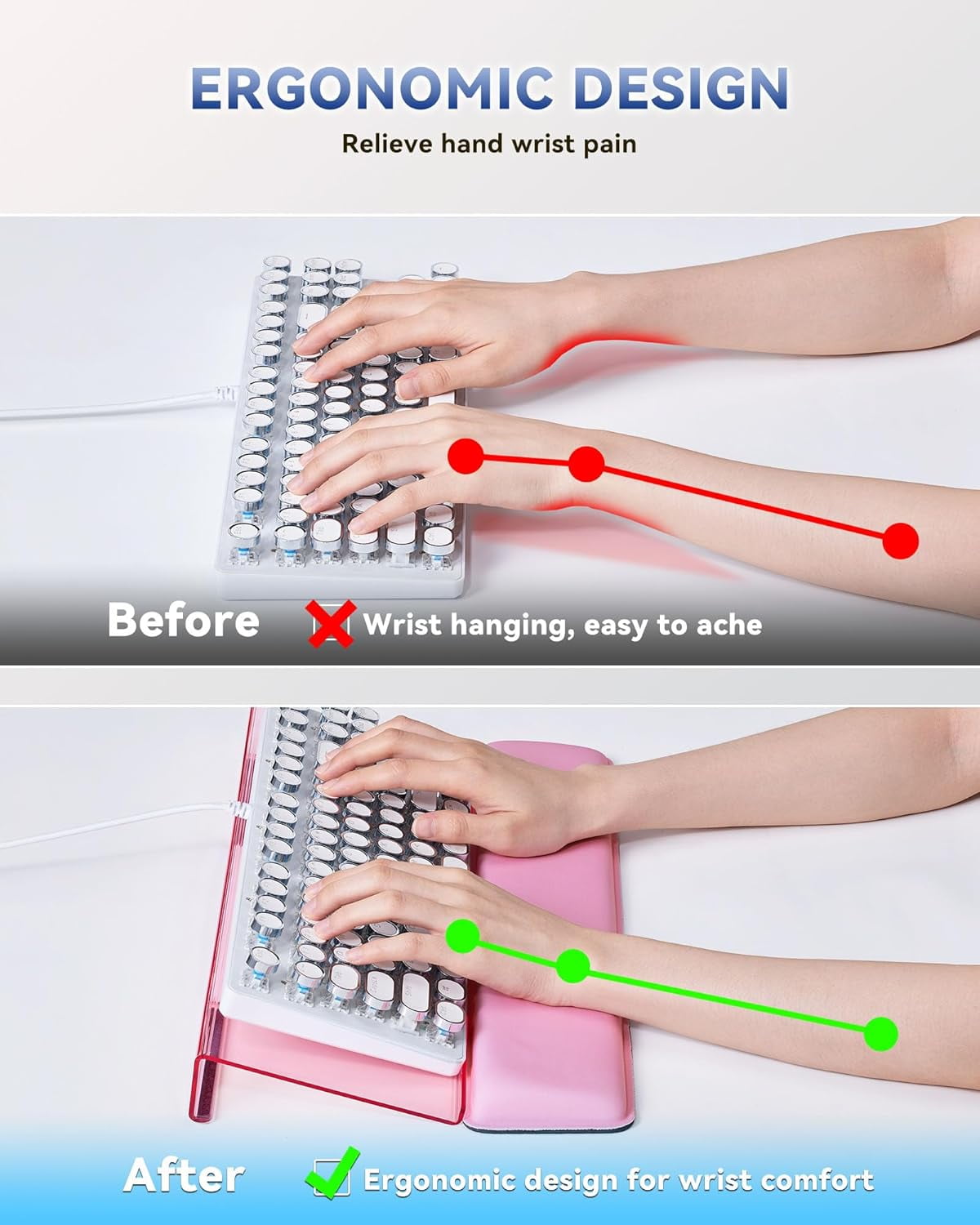 Computer Keyboard Wrist Rest Stand for Desktop, Keyboard Holder for Easy Typing with Wrist Pad for Office Desk, Home, School (Pink)