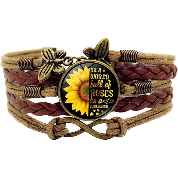 Sunflower PU Leather Cuff Bracelet for Women Handmade Boho Multi Strand Leather Wrap Wristband Brown Adjustable Rope Charms with Extender for Women Jewelry Valentine's Gift