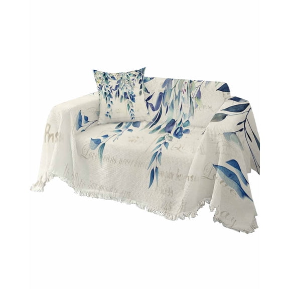 Retro Eucalyptus Sofa Couch Covers for Dog,Washable Sectional Couch Slipcoverfor Loveseat with Tassels,Blue Rustic Chic Aesthetic Leaf Botanical Non Slip Sofa Throw Cover Blanket Large 71''x102''
