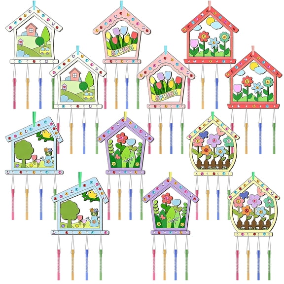 12pcs Birdhouse Wind Chime Kit, TSV Spring Wind Chime Making Kit, Make Your Own Wind Chime, DIY Coloring Wood Crafts for Activity Party Decoration