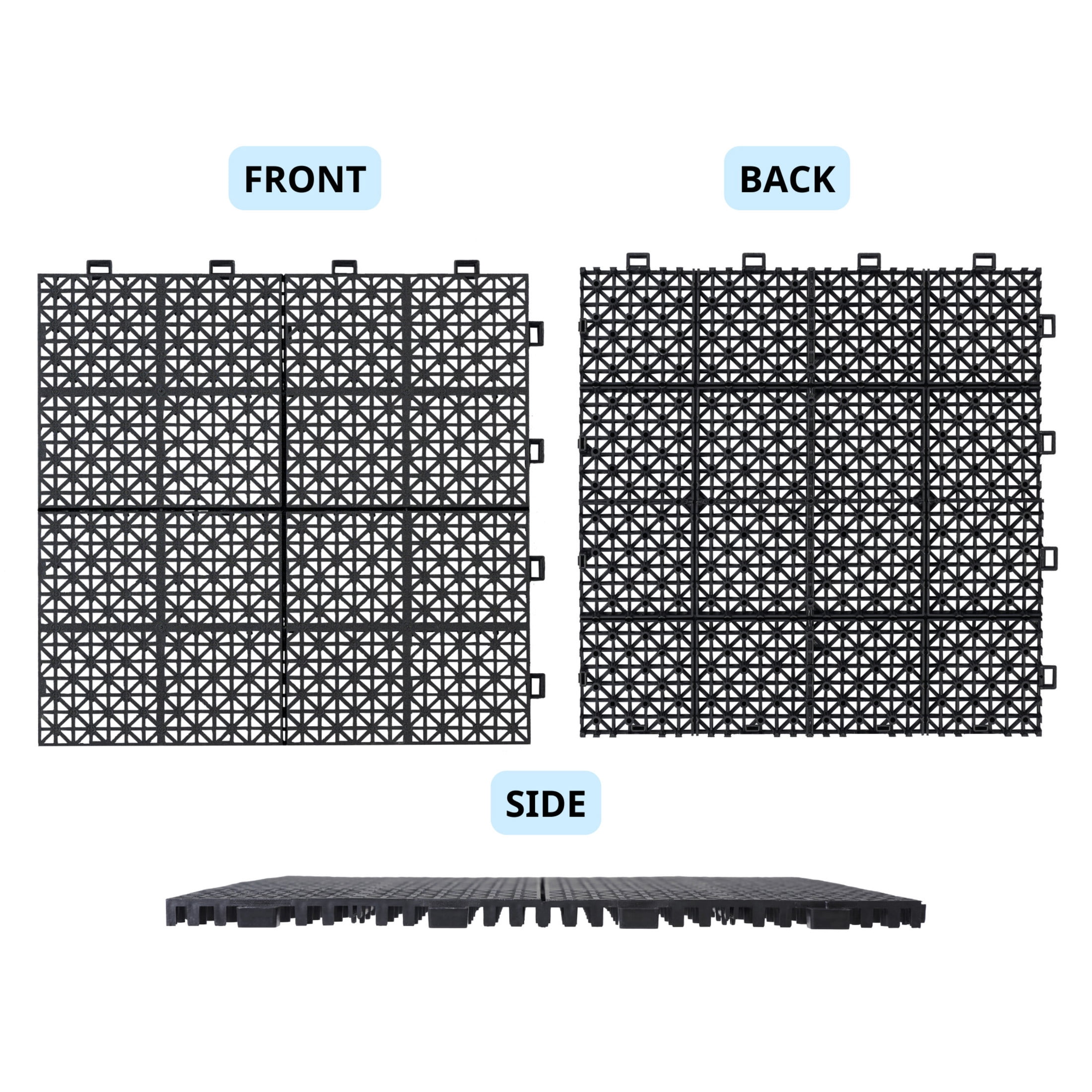 Noble House 12" Rosette Plastic Waterproof Interlocking Deck Tiles, Heavy Duty, Anti-slip Bathroom, Black, 12 PCS