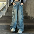 thumbnail image 2 of CAICJ98 Girls Jeans Denim Elastic High Waisted Wide Leg Baggy Cargo Pants for Teen Girls with Pockets Blue,9-10 Years, 2 of 5