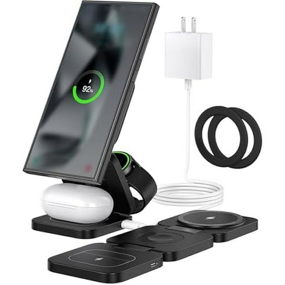 FU1999Foldable 3 in 1 Wireless Charging Station for Samsung, Magnetic Wireless Charger Stand for Galaxy S24 S23 Ultra S22 S21, for Galaxy Watch 6/5/5 Pro/4/3, for Galaxy Buds 2 Pro (Black)