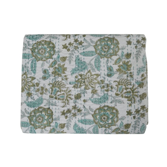 Vintage Queen Kantha Quilt Indian Hand Block Print Quilt Cotton Kantha Throw Kantha Blanket Handmade Quilt King Size Kantha Bedspread Floral Print Boho Gudari