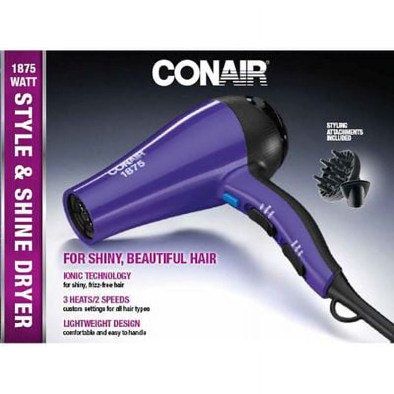 Conair Thermal Shine Travel Size Ceramic Hair Dryer, Ionic, 1875 Watts, Purple