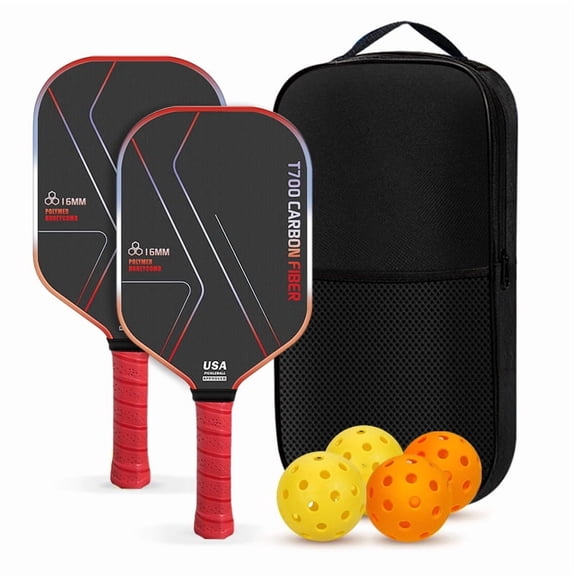 T700 Raw Carbon Fiber Pickleball Paddles Set, 16mm Honeycomb Core Rackets with Cushion Grip, 4 Balls and Carry Bag, 2 Pack