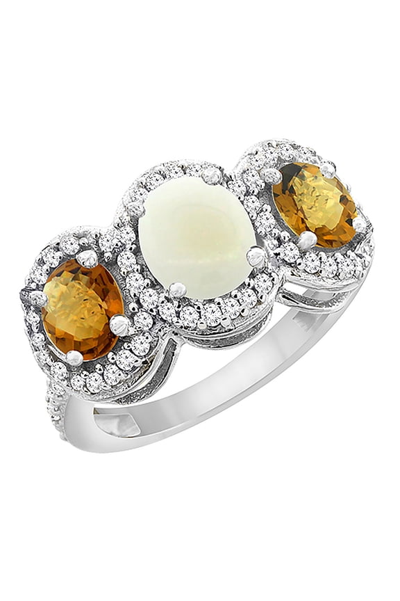 10K White Gold Natural Opal & Whisky Quartz 3-Stone Ring Oval Diamond Accent, size 6