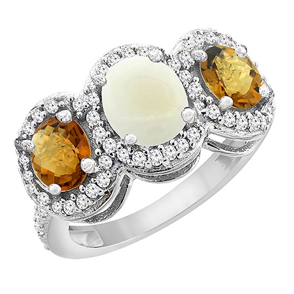 10K White Gold Natural Opal & Whisky Quartz 3-Stone Ring Oval Diamond Accent, size 5