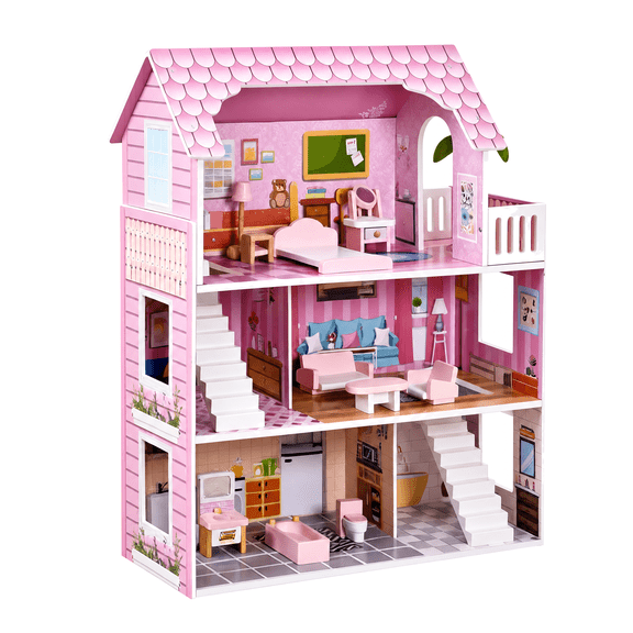 FvMuCore Wooden Dollhouse 3-Story Pink Ages 3-8 1-Pack