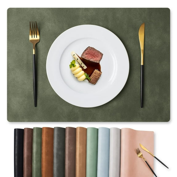 6-piece genuine leather placemat set, double-sided waterproof, oil proof, heat-resistant kitchen table mat, Western style conference and home use - olive green