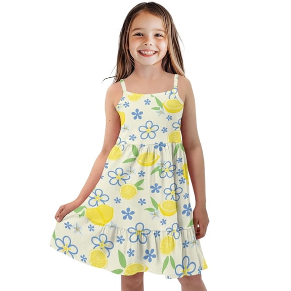 Uourmeti Girls Dress Summer Lemon Print Sleeveless Sundress Cute A Line Causal Tiered Dresses for Kids Beach School Travel Clothes 9-10T