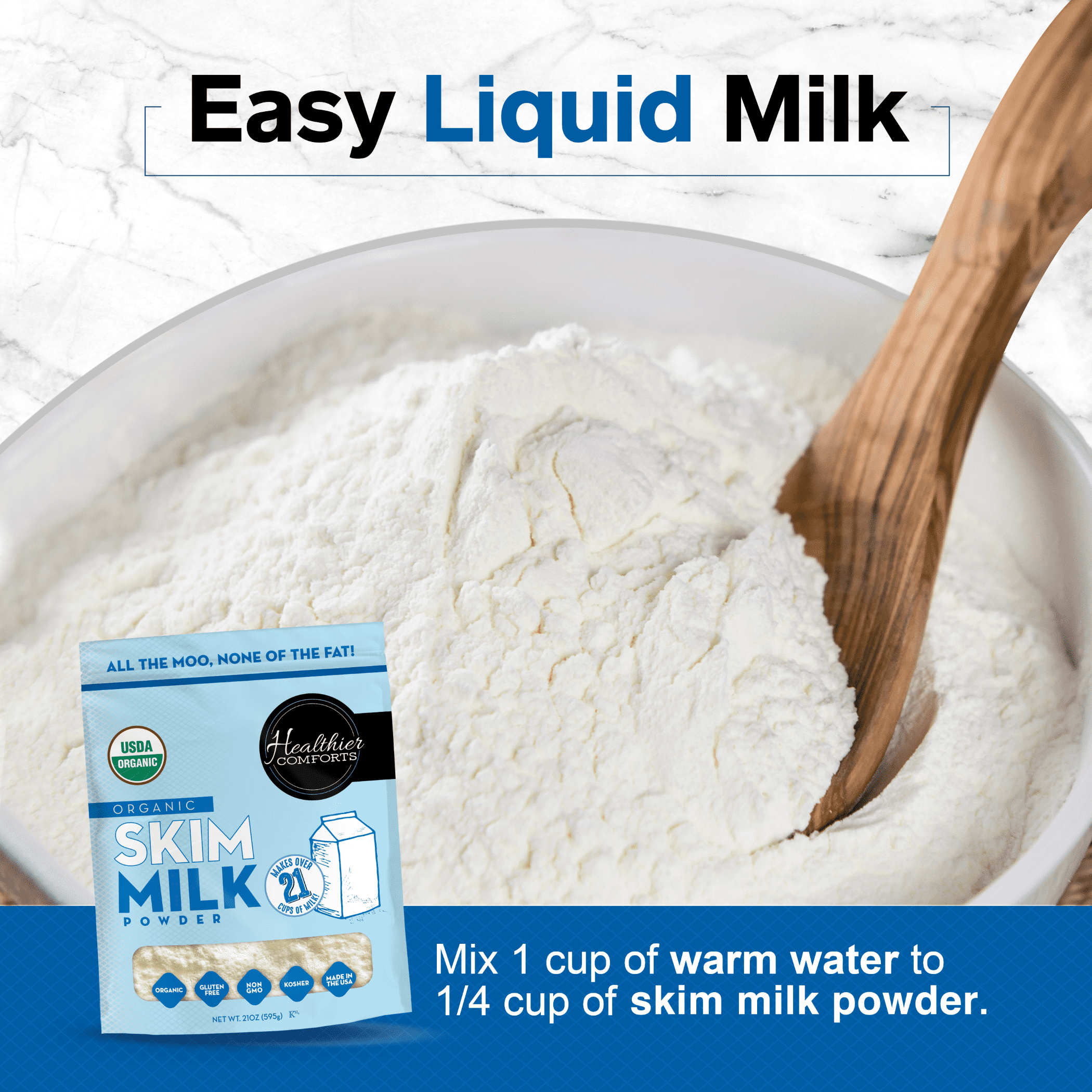 Healthier Comforts Organic Skim Milk Powder 21oz | Certified USDA Organic | Fat Free, Kosher, Gluten Free, Non-GMO, Shelf Stable | Perfect for Shakes, Smoothies, Coffee Creamer, Baking | Made in USA