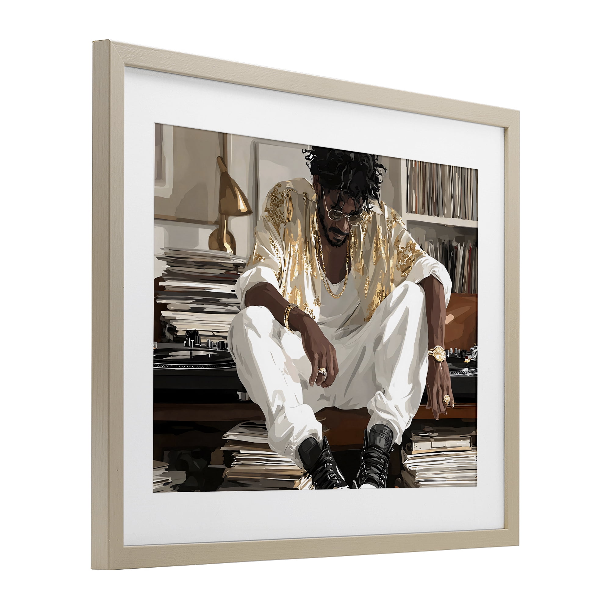 Stupell Industries DJ with Record Collection Birch Framed Print Under Glass, design by Franklyn Gregory