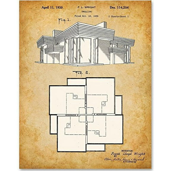 Frank Lloyd Wright Home Blueprint - 11x14 Unframed Patent Print - Great Gift for Architects