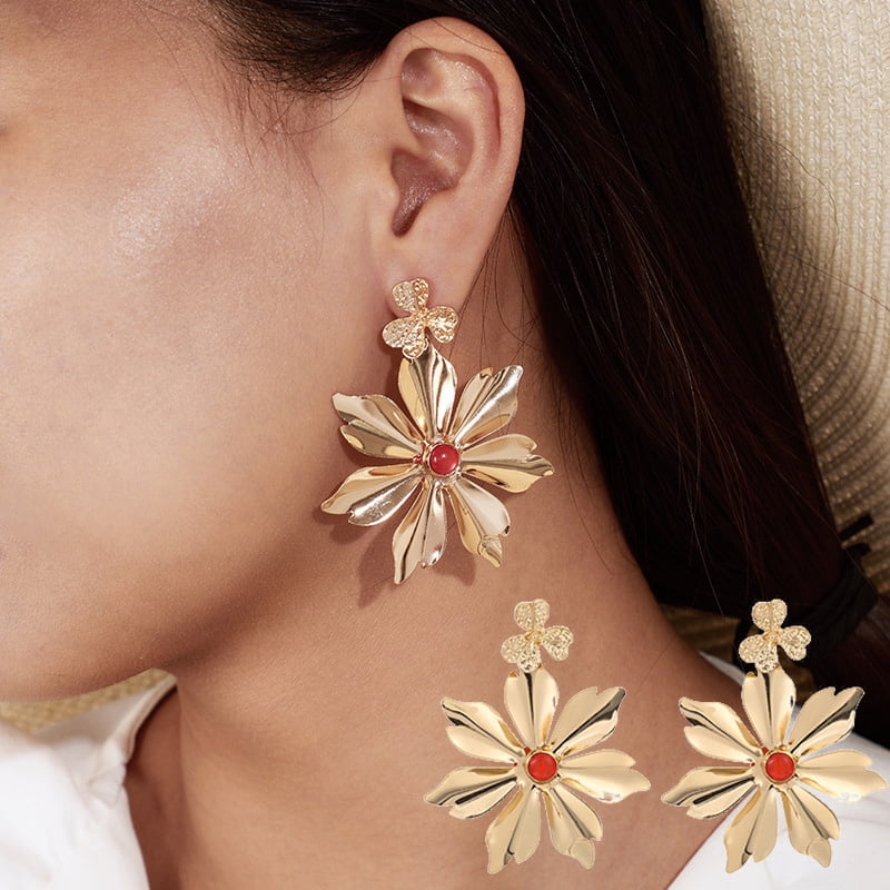 Fashion Crystal Glass Flowers Alloy Petals Ear Stud Earrings Women Charm Jewelry