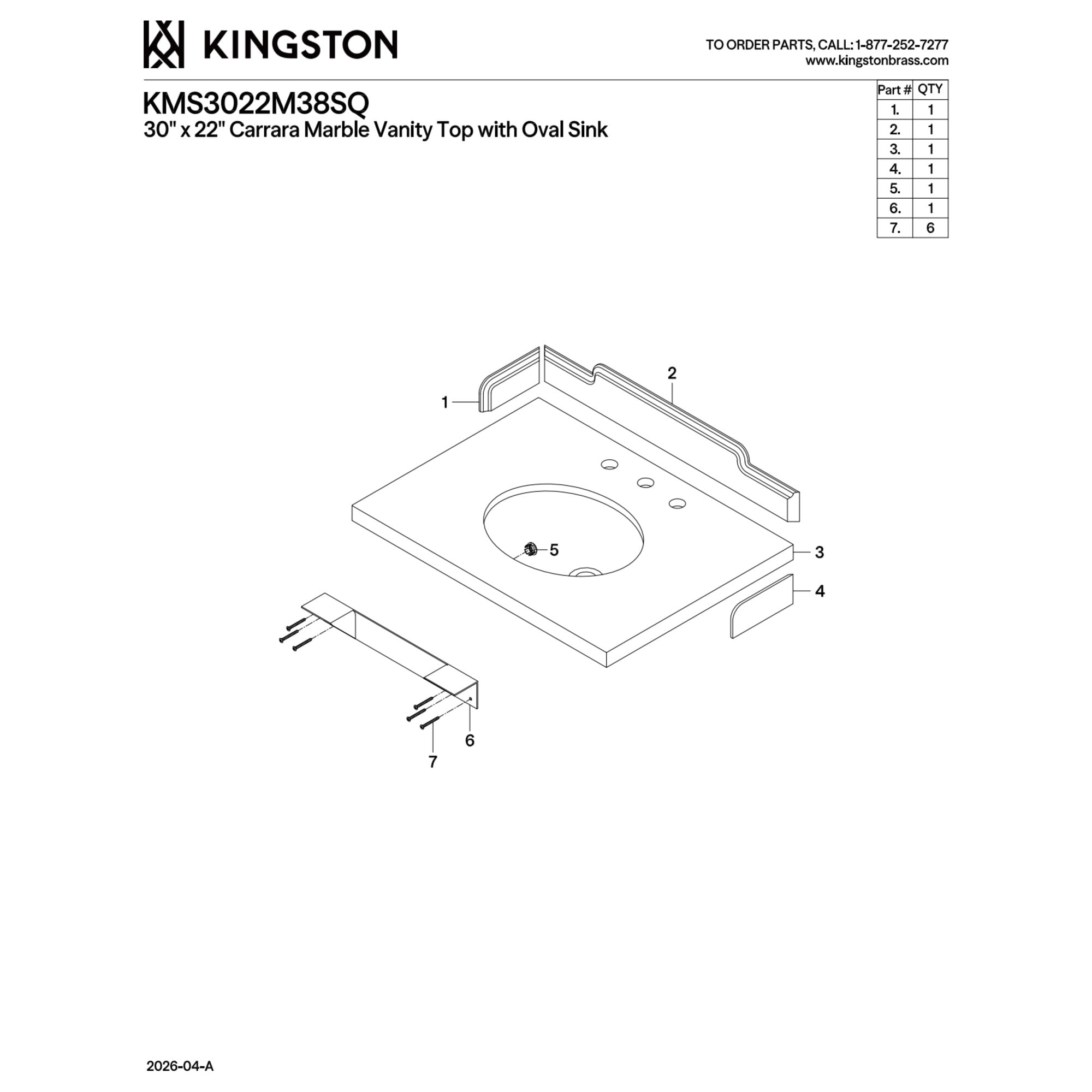 Kingston Brass KMS3022M38 Pemberton 30-Inch Carrara Marble Vanity Sink Top (8" Faucet Drillings) in Carrara White