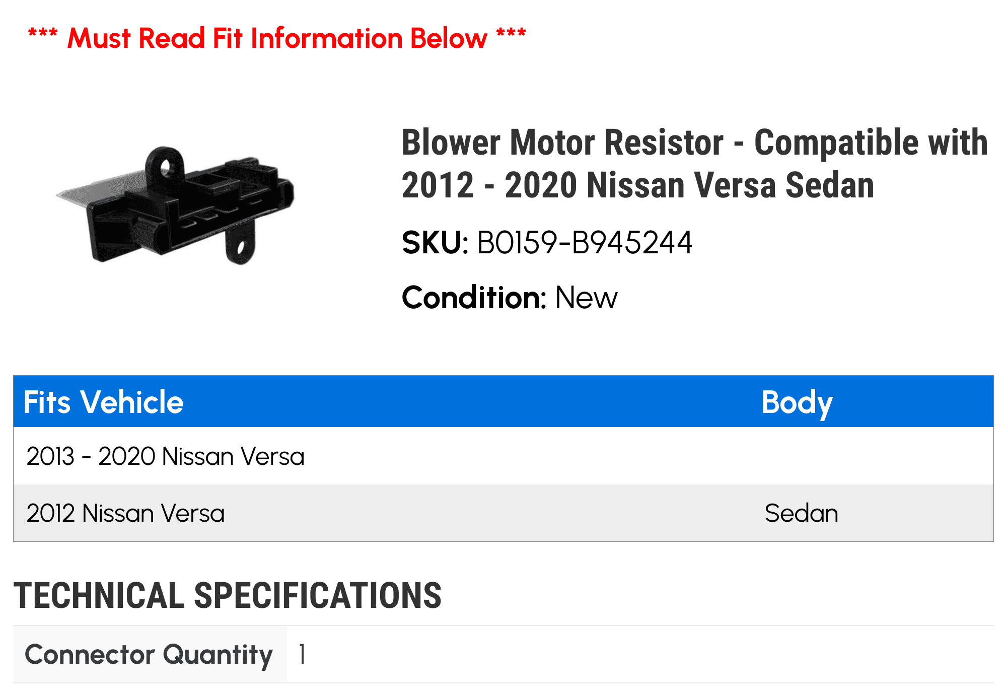 Blower Motor Resistor - Compatible with 2012 - 2020 Nissan Versa Sedan 2013 2014 2015 2016 2017 2018 2019