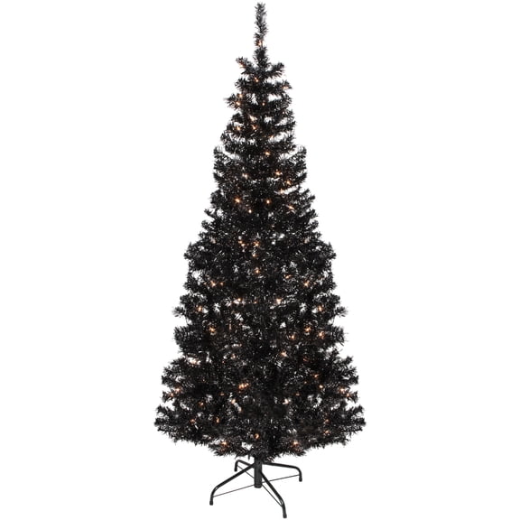 Northlight Pre-Lit Artificial Tinsel Christmas Tree - 6' - Black - Clear Lights