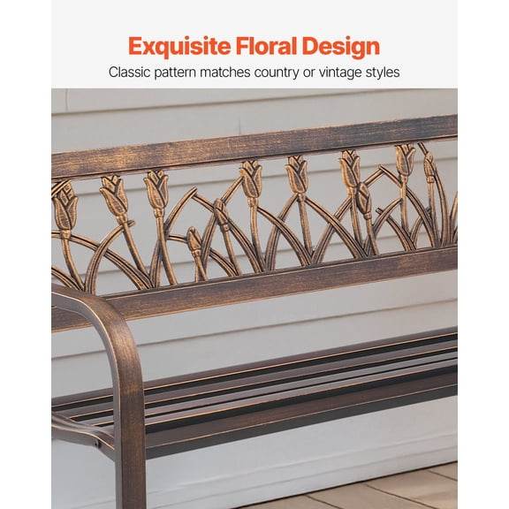 50 Inch Outdoor Bench, Antique Bronze Carbon Steel Frame with Ornate PVC Floral Backrest & Round Edge Armrests, All-Weather Garden Patio Park Yard Porch Bench