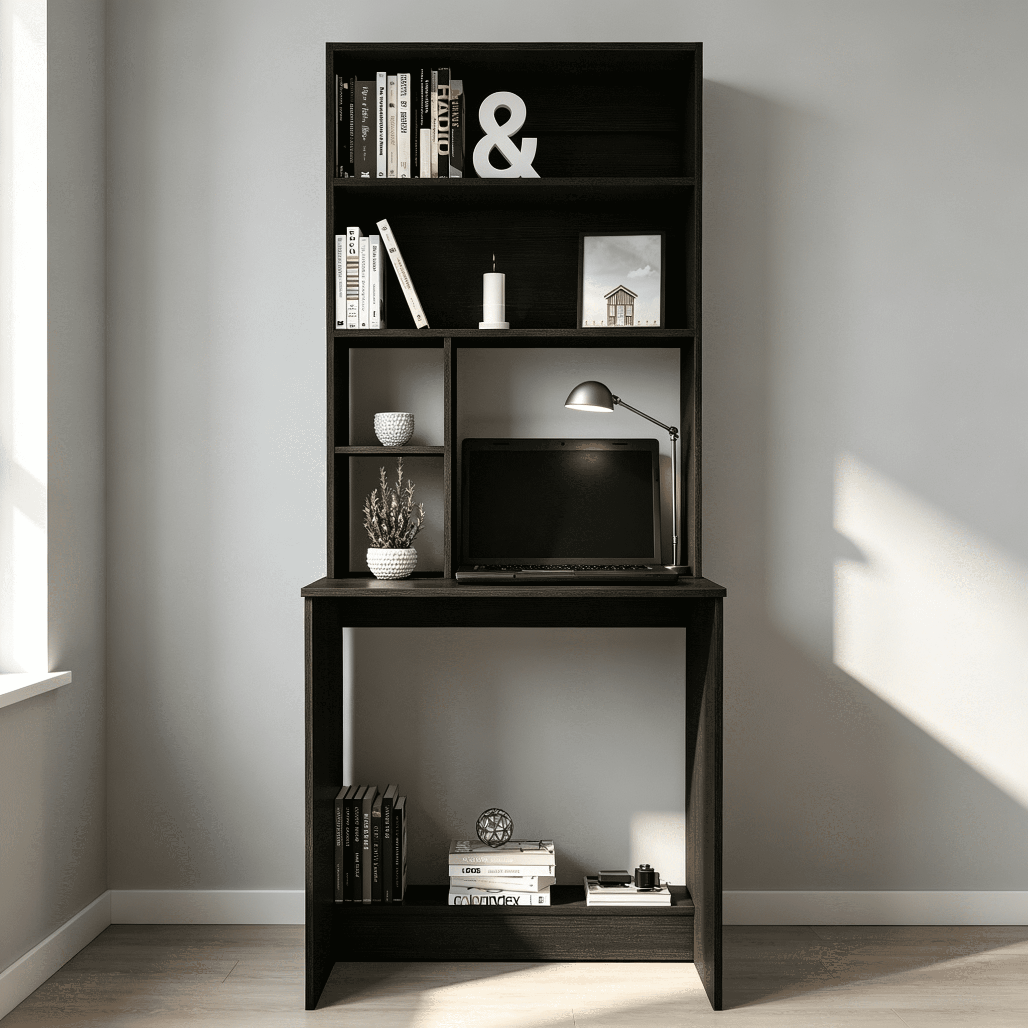 Astoutdoor Compu Hutch Desk with Four Shelves, Writing Desk, One Lower Shelf - Black