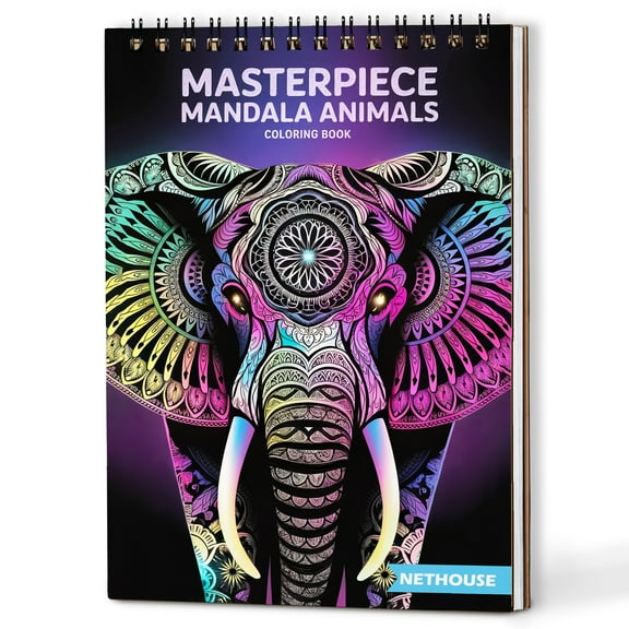 NETHOUSE Masterpiece Mandala Animals Spiral Coloring Book for Adults, A5 Wooden Cover, 30 Coloring Pages of Intricate Animal Mandalas, Wildlife Patterns and Nature-Inspired Designs