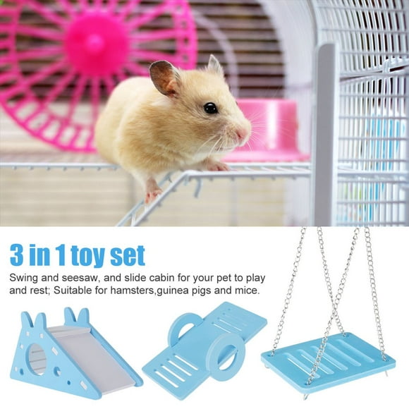 Hamster Play Toy 3Pcs Eco-Board Non-Burr Hamster Toys Kit Seesaw Hamster Ladder Hanging Blue Chain Swing Easy Assembly Hamster Toys Set for Home Pet Shop Dorm