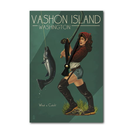Vashon Island, Washington - Pinup Girl Salmon Fishing - Lantern Press Artwork (Acrylic Wall