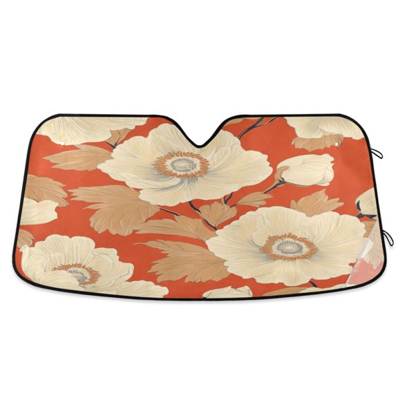 Qxltty White Flowers Orange Pattern Car Windshield Sunshades Foldable UV Rays Sun Visor Protector Keep Your Vehicle Cool 53×23.5in