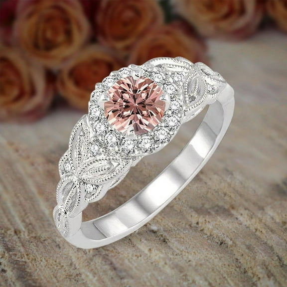 2 Carat Morganite 6mm Round cut Diamond Moissanite Engagement Ring in 10k White Gold Ring Huge Desinger Sale