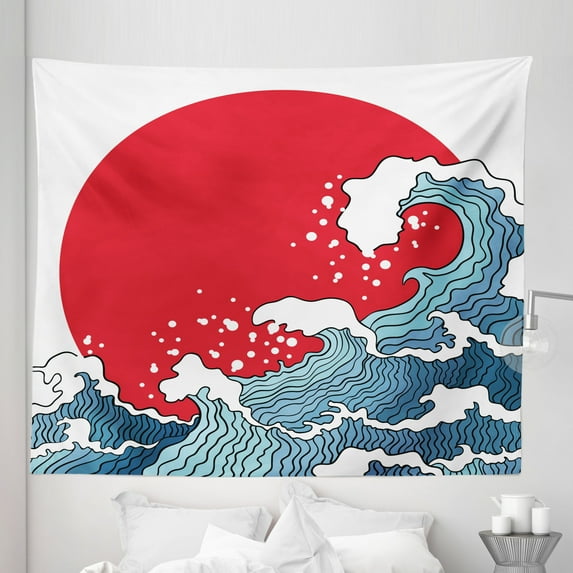 Japanese Wave Tapestry, Big Red Sun Setting Scenery Tropical Nautical Tsunami Swirls, Fabric Wall Hanging Decor for Bedroom Living Room Dorm, 5 Sizes, Red Blue White, by Ambesonne