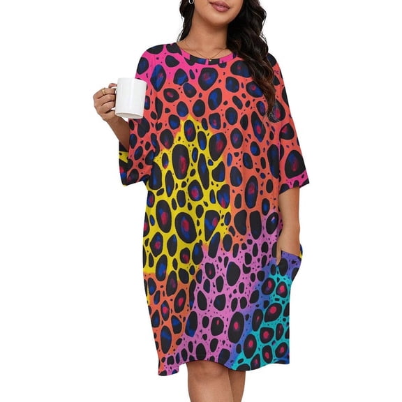 Neon Colorful Cheetah Print Sleepshirts For Sleeping Travels Loose Sleepdress Pajama Dress Soft Nightdress Sleepwear