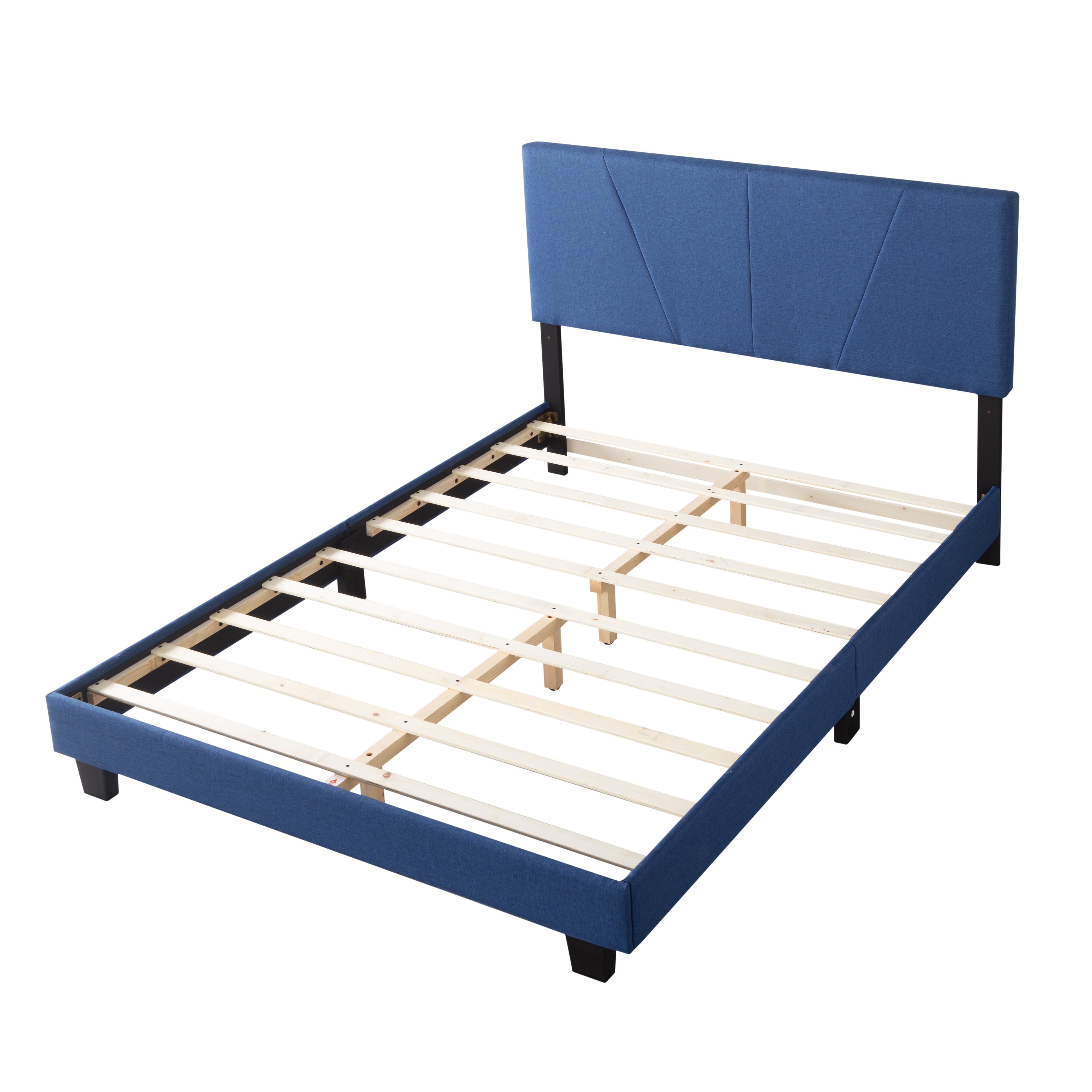 BSHTI 63.8”Queen Size Platform Bed Frame,Sophisticated Look,Upholstered Headboard and Wood Slats Support,Linen-look Polyester Navy Blue