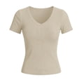 thumbnail image 6 of Womens Shirts V Neck Ribbed Short Sleeve Slim Basic Spring Summer Tshirts Shirts for Women Beige L, 6 of 7