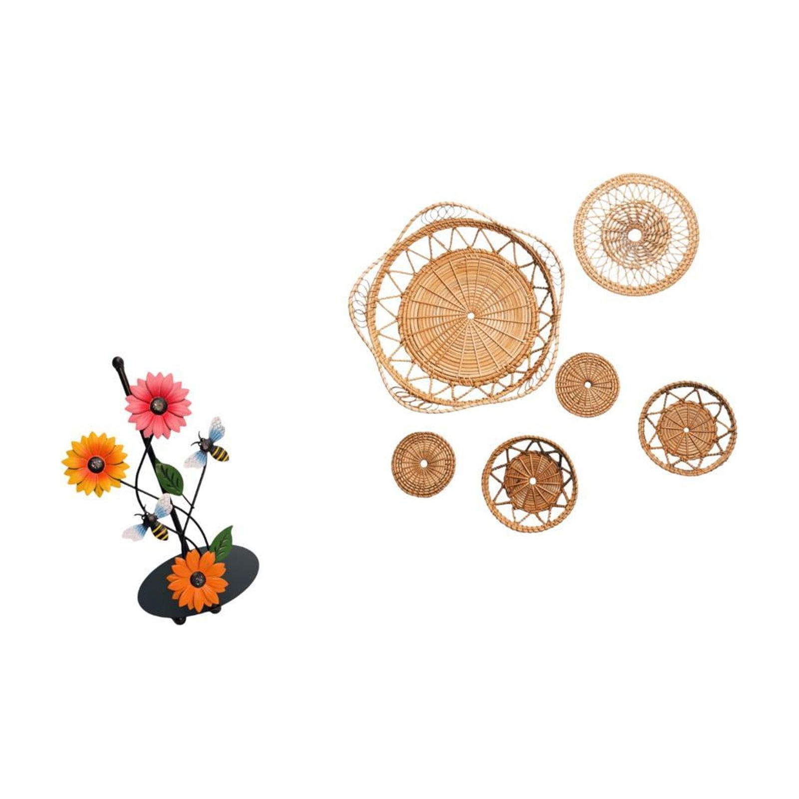 Fiocias Toilet Paper Holder Set with Rattan Woven Wall Hanging Decor Iron Paper Towel Holder Countertop Handicraft Ornament Suitable for Kitchen Dining Room L