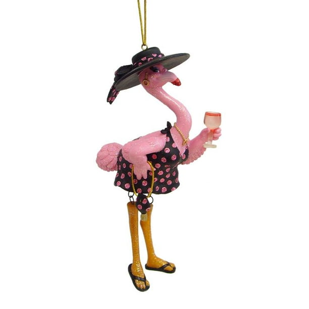 pink flamingo felisha drinking a glass of wine christmas ornament ...