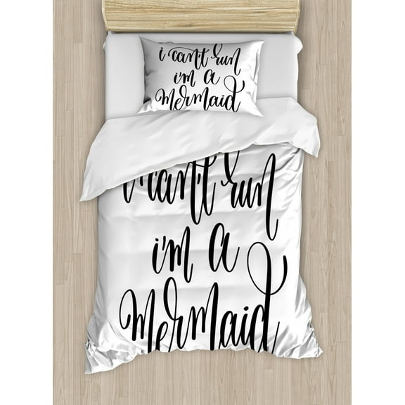 I'm Mermaid Twin Size Duvet Cover Set, Saying in Relation to Mythical Beings Awe Inspiring Girl Aspirations Lettering, Decorative 2 Piece Bedding Set with 1 Pillow Sham, Black White, by Ambesonne