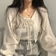 thumbnail image 1 of Rimocy-cárdigan blanco fino para mujer, prenda de punto con cordones y protección solar, Top de estilo coreano, abrigo corto de manga farol, 2023, 1 of 4