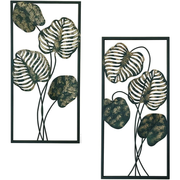 Decors Contemporary Metal Wall Art Set Of 2 Framed Decorations Modern Home Decor Large Leaves Nature Decorative Com - Large Metal Leaf Wall Art