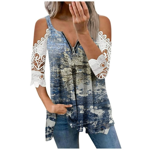 Summer Savings Clearance yievot Fashion Woman Causal Zipper Neck Printing  Blouse Lace Short Sleeve T-Shirt Summer Tops 