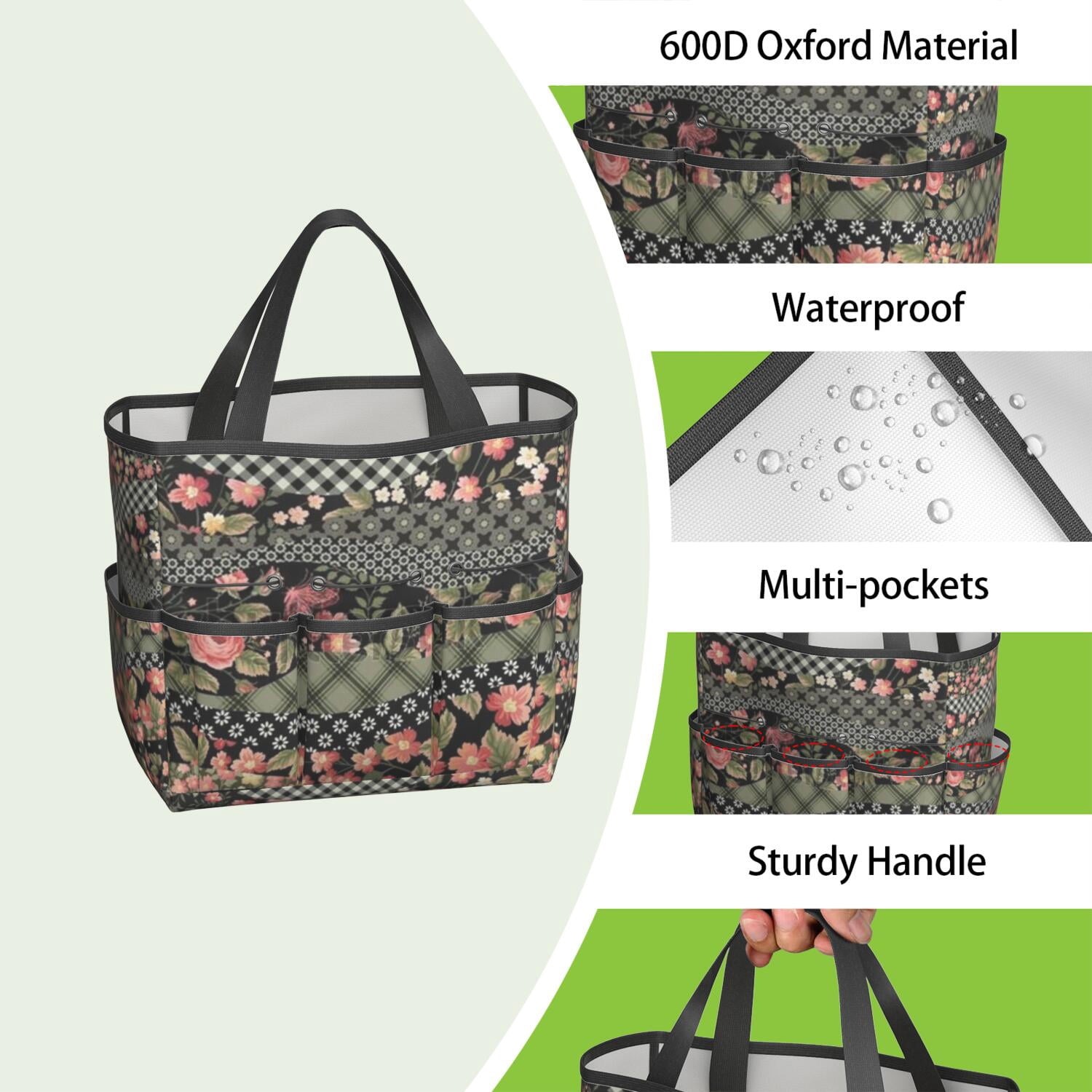 Garden Tool Bag,Pioneer Flower Floral Print Pattern Garden Tool Organizer,Garden Gifts,Waterproof Multi-Pocket Garden Tool Storage 11.8x5.5x11.4 Inch(Tools NOT Included)